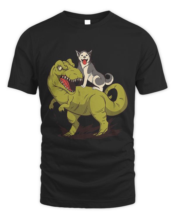 Funny Siberian Husky Dog Riding Dinosaur T-Shirt