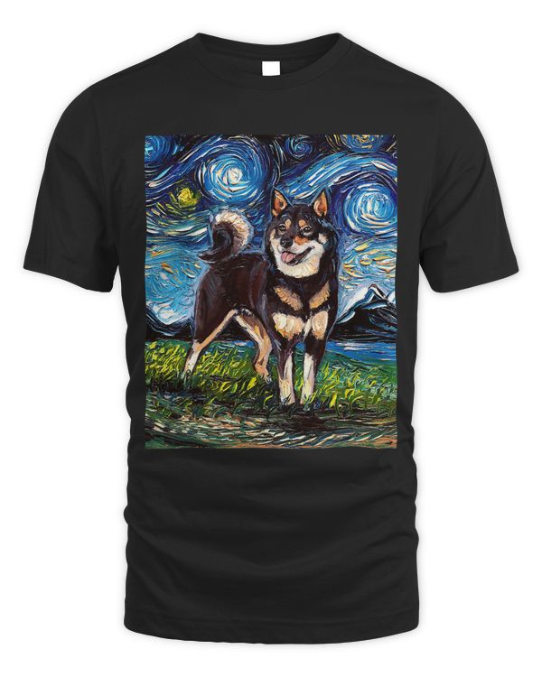 Black and Tan Shiba Inu Starry Night Cute Dog Art by Aja T-Shirt