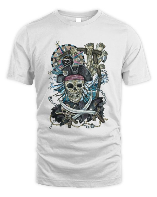 MEMOD68 - Halloween T Shirt 2022 - Pirate King Skull Shirt. (Light)