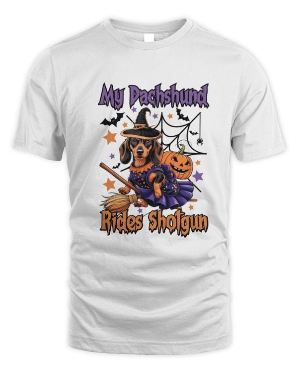 My Dachshund Rides Shotgun Funny Cute Halloween Broomstick