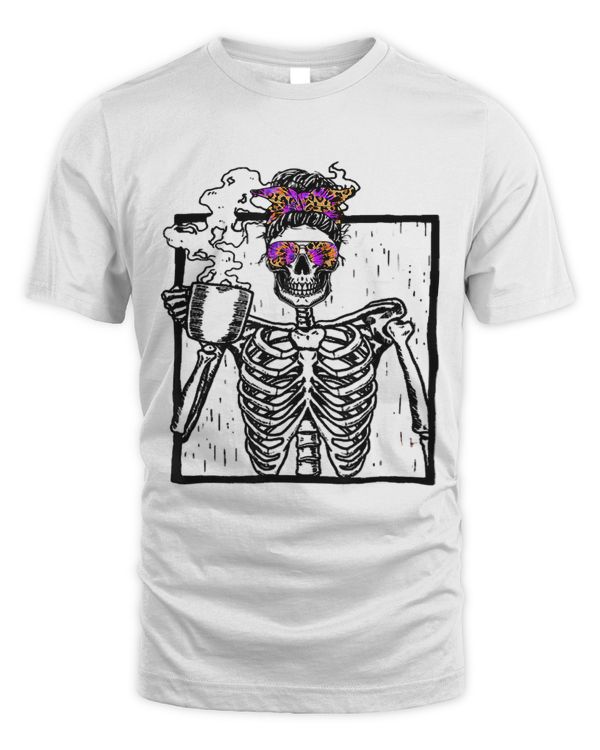 Funny TieDye Leopard Skeleton Coffee Halloween Costume Women409