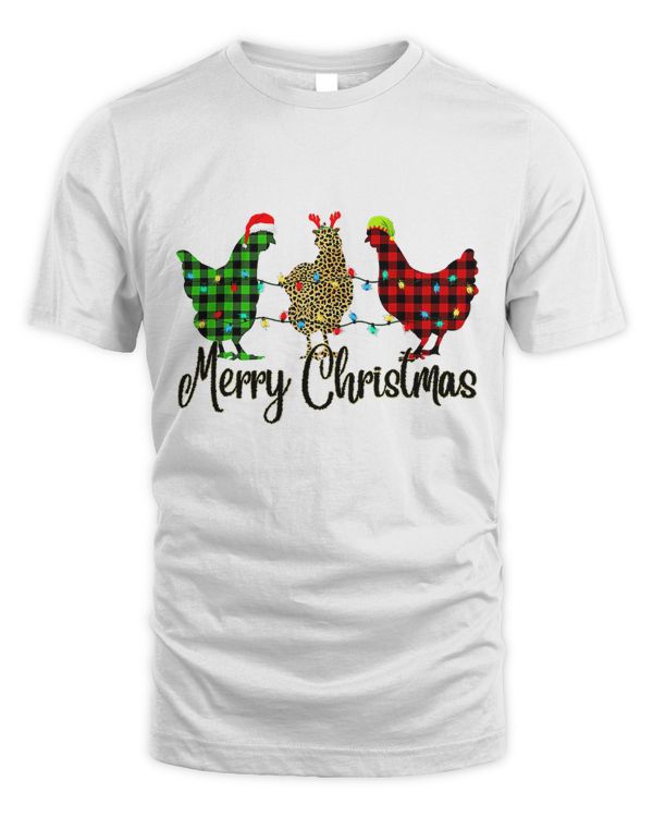 Chicken Merry Christmas Red Green Plaid Leopard Pajama T-Shirt