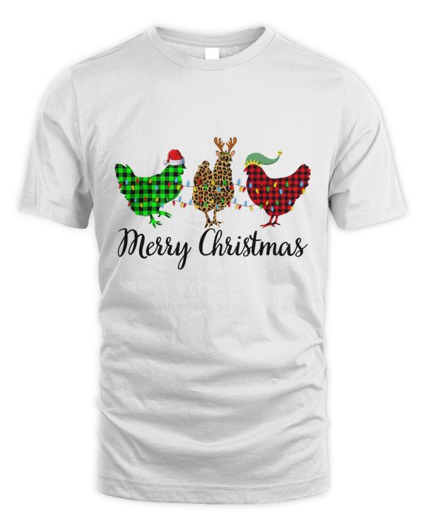 Chicken Merry Christmas Red Green Plaid Leopard Xmas Pajama T-Shirt