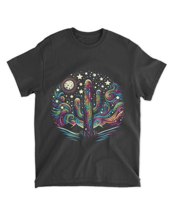 Psychedelic Starry Night Cactus Tee - Cosmic Deser