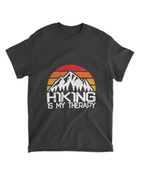 Hiking Is My Therapy Funny Hiking Camping Retro Sunset Hiker Essential T-Shirt