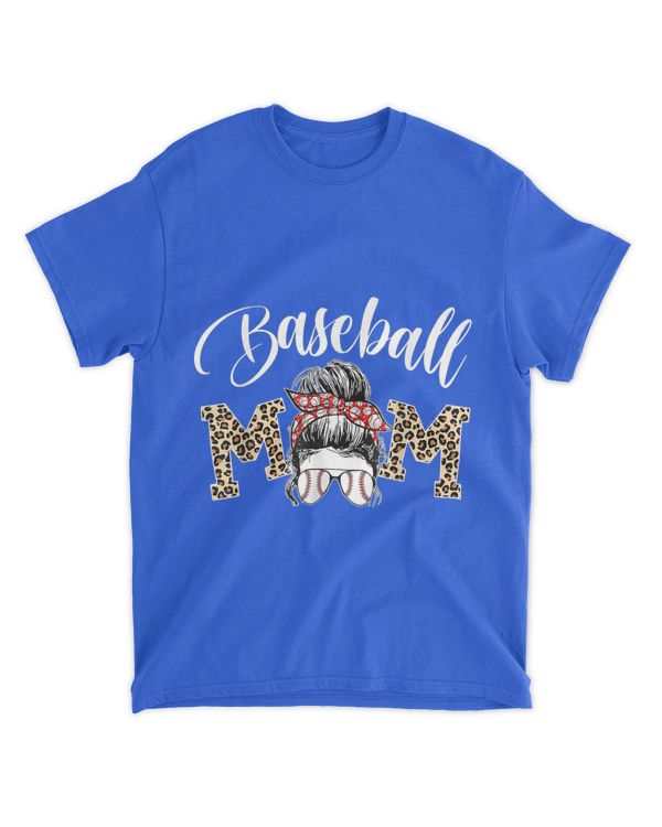 Baseball Mama Leopard Funny Mom Messy Hair Bun Mother's Day T-Shirt