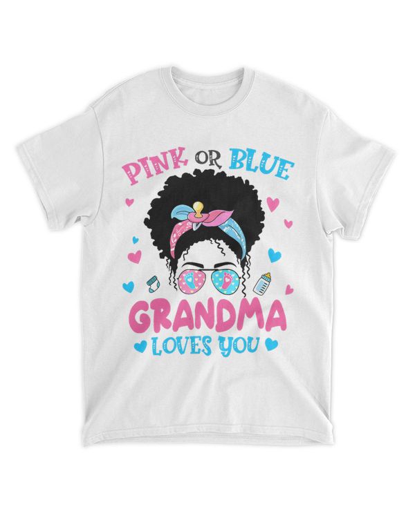 Womens Pink or Blue Grandma Loves You Gender Reveal Messy Bun