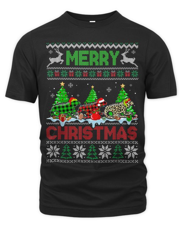 Funny Iguana Green Red Plaid Leopard Merry Christmas