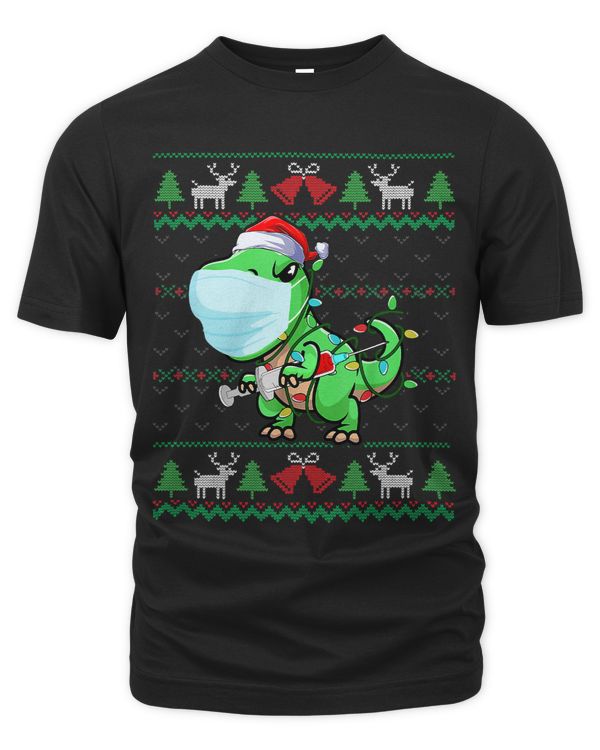 Vaccinated Santa T Rex Wearing Mask Ugly Christmas Sweater