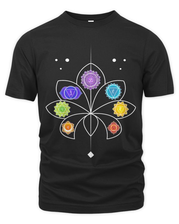 Seven chakras in a lotus flower and Sanskrit symbols