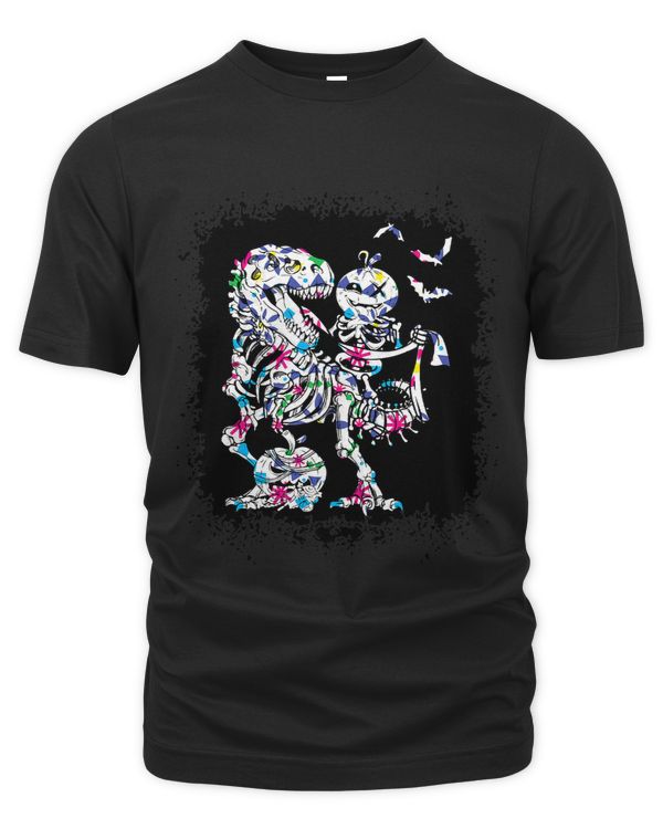 Skeleton Pumpkin Riding Art Dinosaur T rex Halloween Funny 1