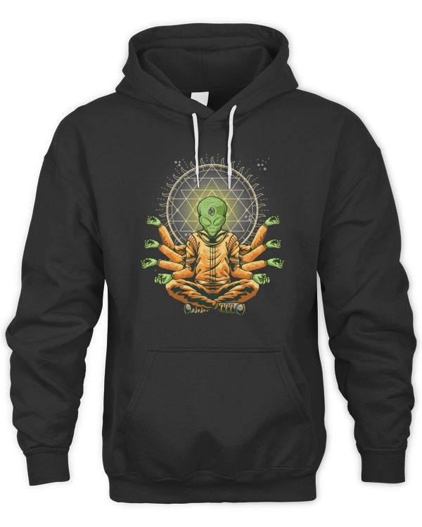 Meditating Alien Yoga Buddha With Sacred Geometry T-Shirt