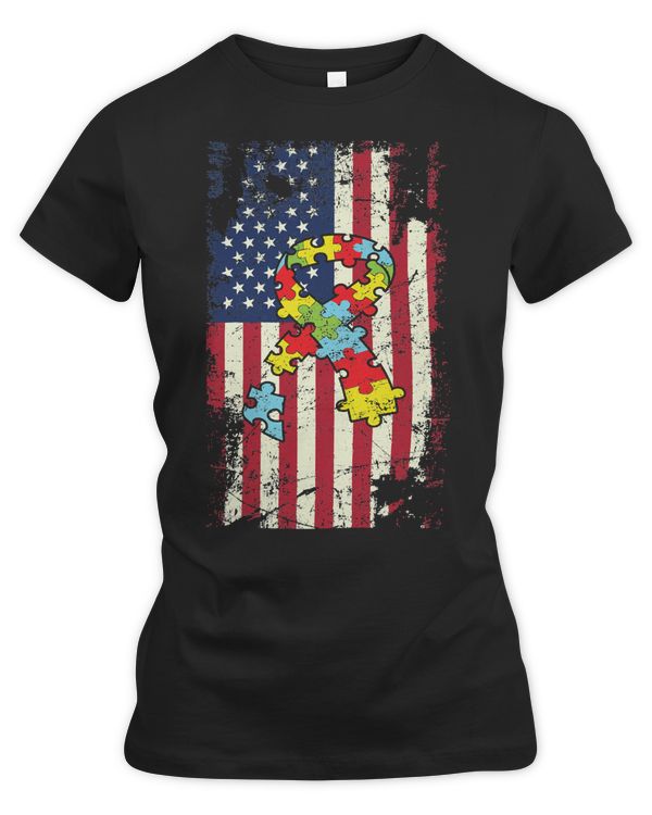 Autism Autistic American Flag Puzzle Piece Ribbon Autism Awareness