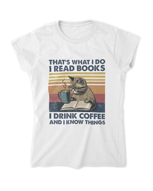 Funny Cat Drink Coffe And Reading Book Shirt, Funny Cat Gift For Girl