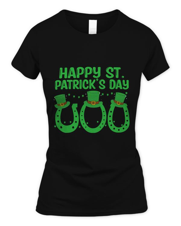 3 Horseshoes Leprechaun Hat Shamrock Happy St Patrick's Day T-Shirt