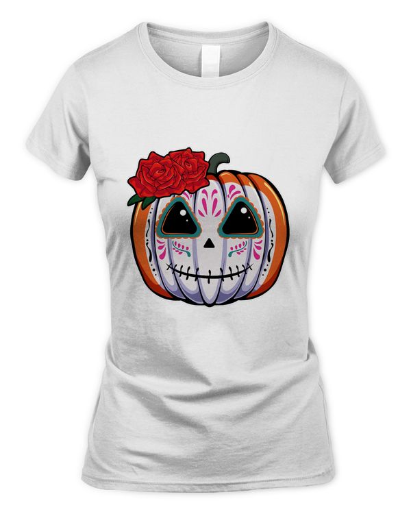 Pumpkin Sugar Skull Head Flower Dead Day Muertos Halloween T-Shirt