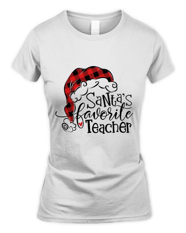 Teacher Christmas Buffalo Plaid Santa's Favorite Teacher T-Shirt