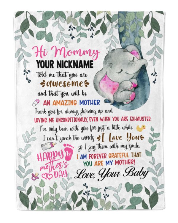 1st Mother's Day Gift, Gifts for New Mom, Personalized Hi MOMMY Cute Baby Girl Elephant ,  Gift  for Newmom,  Safari Baby Shower, Jungle Nursery Blanket