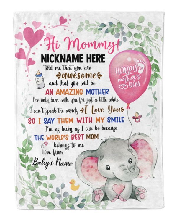 1st Mother's Day Gift, Gifts for New Mom, Personalized Hi MOMMY Cute Baby Girl Elephant ,  Gift  for Newmom,  Safari Baby Shower, Jungle Nursery Blanket