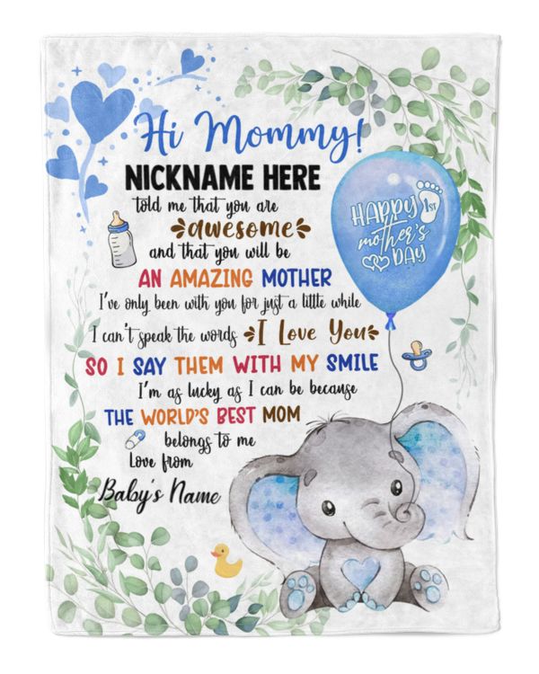 1st Mother's Day Gift, Gifts for New Mom, Personalized Hi MOMMY Cute Baby Girl Elephant ,  Gift  for Newmom,  Safari Baby Shower, Jungle Nursery Blanket