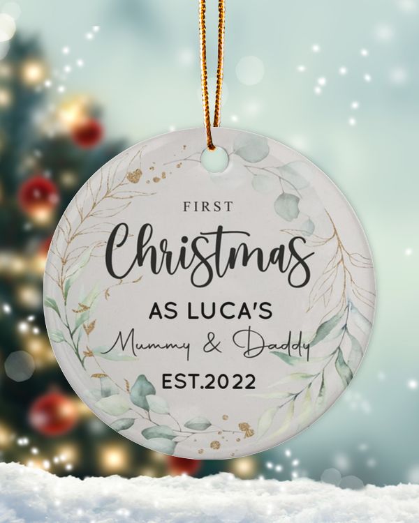 Personalized Custom New Mom Dad Mommy And Daddy First Christmas Ceramic Ornament