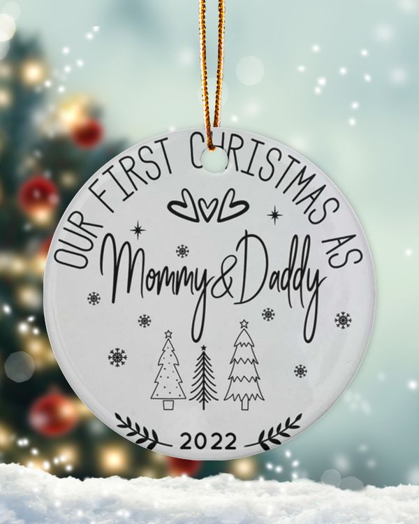 Personalized Custom New Mom Dad Mommy Daddy Our First Christmas Ceramic Ornament