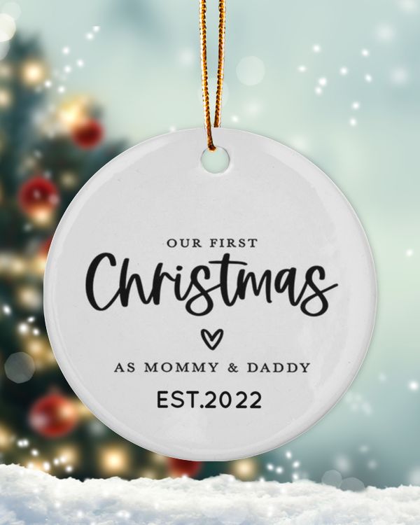 Personalized Custom New Mom Dad Mommy Daddy Our First Christmas Tree Ceramic Ornament