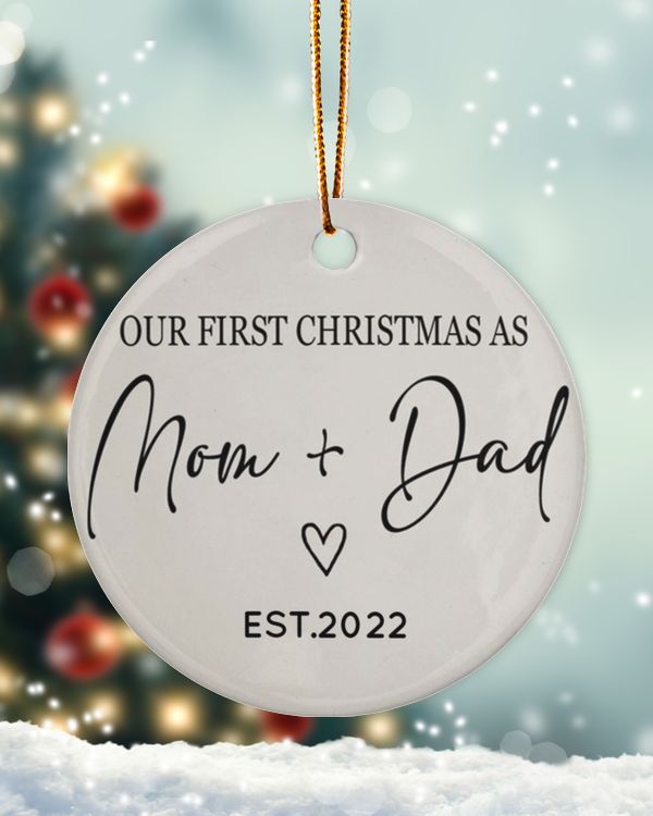 Personalized Custom New Mom Dad Our First Christmas Ceramic Ornament