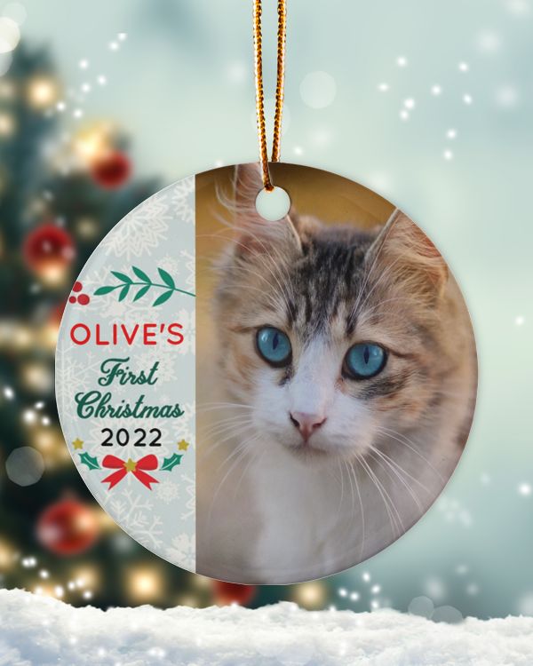 Personalized Custom Cat First Photo Christmas Ceramic Ornament