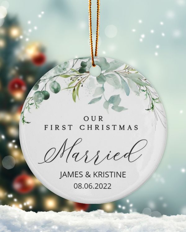 Personalized Custom Our First Christmas Newlywed Just Married Beautiful Floral Ceramic Ornament