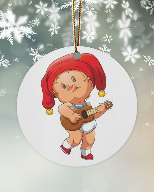 the baby boy using the red clown hat and holding the brown guitar   for christmas and new year 2022