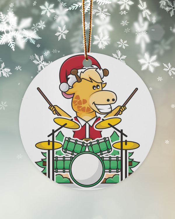 Adorable giraffe wearing santa claus costume while playing the drums for christmas and new year 2022