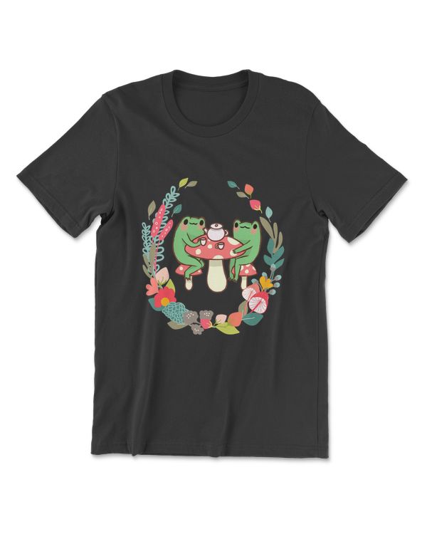 Frogs Drinking Tea Mushroom Cute Cottagecore Aesthetic Frog T-Shirt