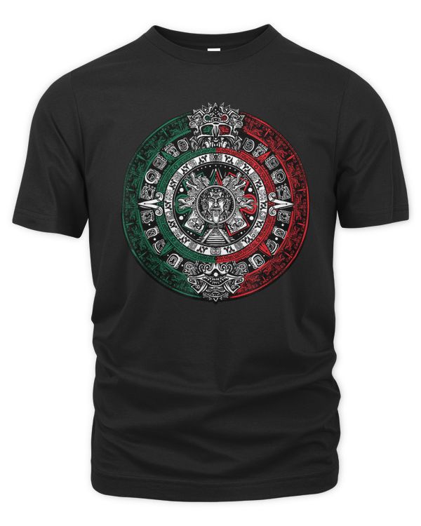 aztec calendar - azteca sun stone - mexico flag t-shirt