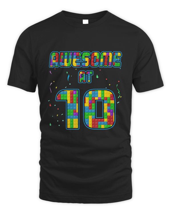 10 Years Old Birthday Gift Age 10 Build Blocks Bricks Theme T-Shirt