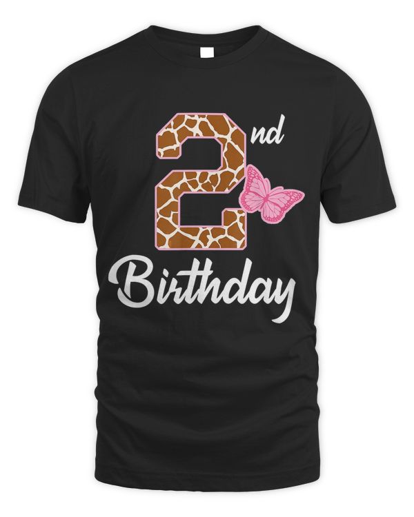 2nd Birthday 2 year old girl Giraffe Butterfly age 2 gift T-Shirt
