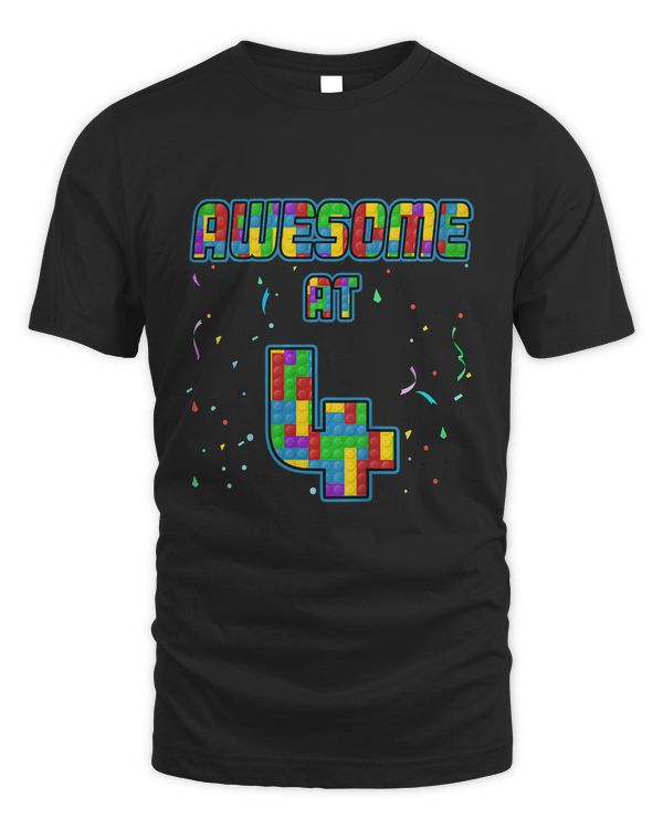 Kids 4 Years Old Birthday Gift I Age 4 Build Blocks Bricks Theme T-Shirt
