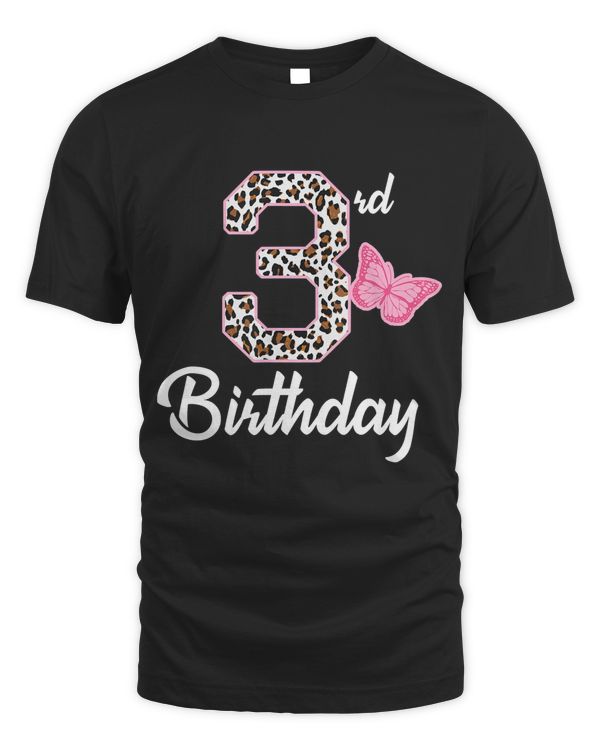 3rd birthday 3 year old girl leopard Butterfly age 3 gift T-Shirt