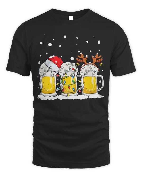 Beer Christmas Mug Santa Reinbeer Xmas lights Gift Men Women T-Shirt