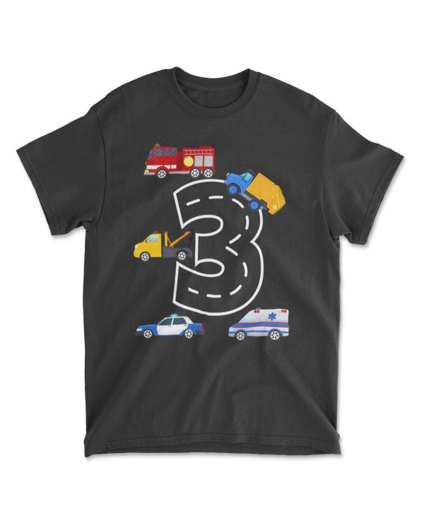 3rd Birthday Boys Fire Truck Police Car T-Shirt 3 Year Old