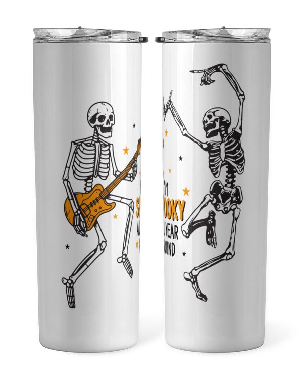 I'm Spooky All Year Round Skinny Tumbler, skeleton playing guitar happy skeleton