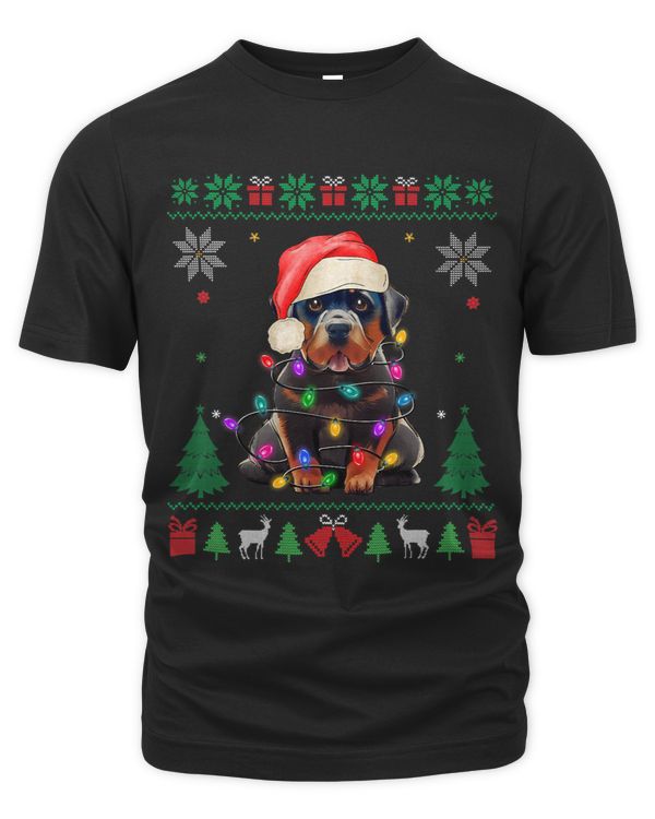 Xmas Lights Santa Hat Funny Rottweiler Dog Ugly Christmas